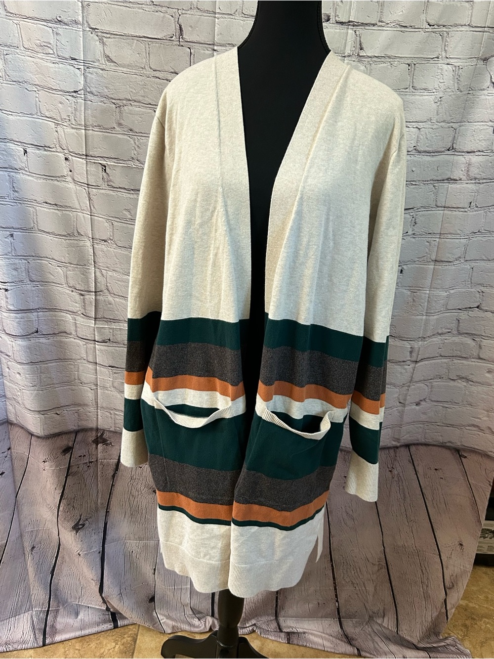 Duluth Trading Co Cream Open-Front Cardigan with Green, Brown & Orange Stripes